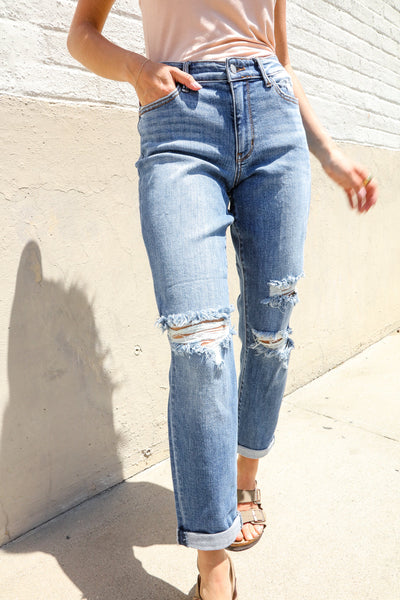 Judy Blue High-Rise Boyfriend Cuffed Hem Distressed Jeans