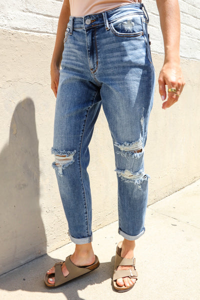 Judy Blue High-Rise Boyfriend Cuffed Hem Distressed Jeans