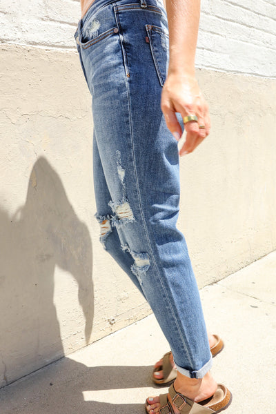Judy Blue High-Rise Boyfriend Cuffed Hem Distressed Jeans