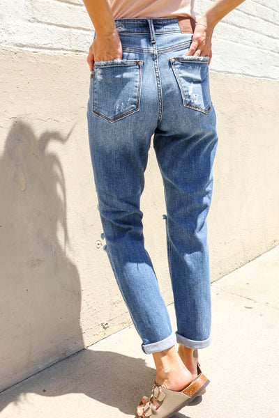 Judy Blue High-Rise Boyfriend Cuffed Hem Distressed Jeans