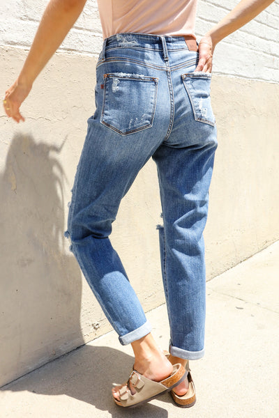Judy Blue High-Rise Boyfriend Cuffed Hem Distressed Jeans