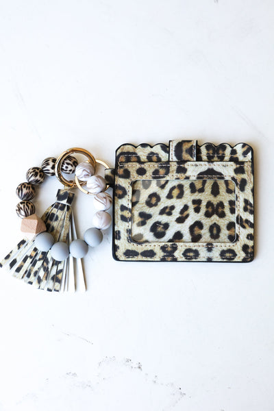 Animal Print Silicone Bead Slim Wallet Wristlet with Tassel