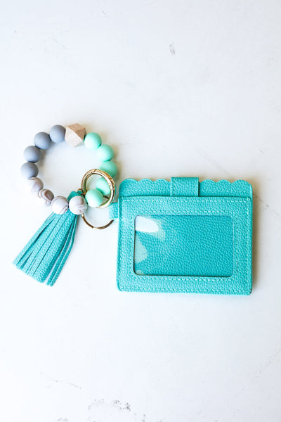 Turquoise Silicone Bead Slim Wallet Wristlet with Tassel