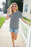 Seize The Day Blue Trim Black & Ivory Stripe Knit Top