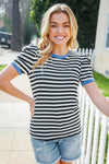 Seize The Day Blue Trim Black & Ivory Stripe Knit Top