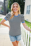 Seize The Day Blue Trim Black & Ivory Stripe Knit Top