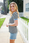 Seize The Day Blue Trim Black & Ivory Stripe Knit Top