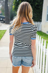 Seize The Day Blue Trim Black & Ivory Stripe Knit Top