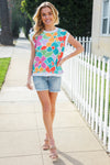 Beautiful You Teal Multicolor Floral Rib Dolman Sleeve Top