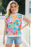 Beautiful You Teal Multicolor Floral Rib Dolman Sleeve Top