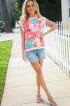 Beautiful You Coral Multicolor Floral Rib Dolman Sleeve Top