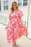 Hello Beautiful Coral Elastic V Neck Tiered Big Floral Maxi Dress