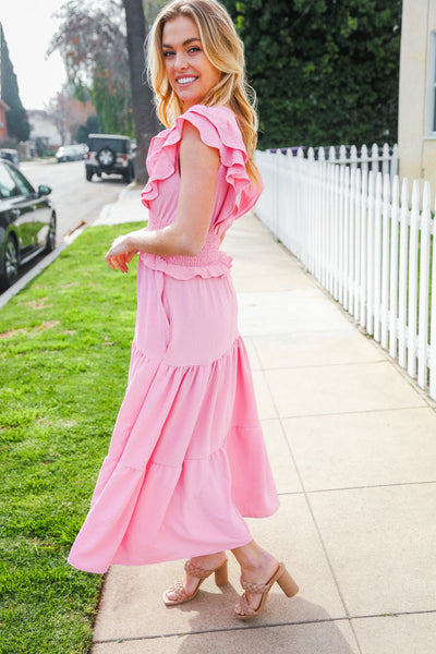 Hello Beautiful Pink Double Flutter Sleeve Smocked Waist Maxi Dress