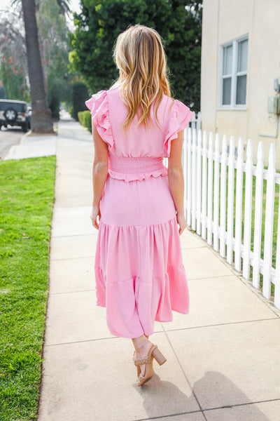 Hello Beautiful Pink Double Flutter Sleeve Smocked Waist Maxi Dress