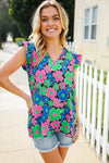 Flower Power V Neck Flutter Sleeve Woven Blouse