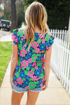 Flower Power V Neck Flutter Sleeve Woven Blouse