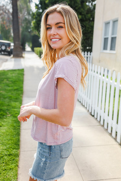Everyday Chic Maroon & White Stripe Short Sleeve Knit Top