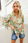 Elegant You Ivory & Green Abstract Print Button Loop Notch Neck Top