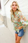 Elegant You Ivory & Green Abstract Print Button Loop Notch Neck Top
