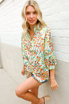 Elegant You Ivory & Green Abstract Print Button Loop Notch Neck Top