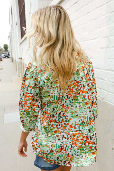 Elegant You Ivory & Green Abstract Print Button Loop Notch Neck Top