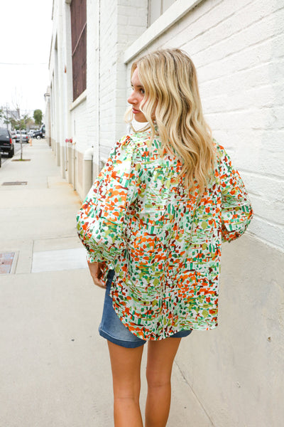 Elegant You Ivory & Green Abstract Print Button Loop Notch Neck Top