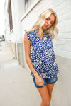 Dazzle In Cobalt Blue Leopard Print Frill Notch Neck Top