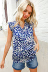 Dazzle In Cobalt Blue Leopard Print Frill Notch Neck Top