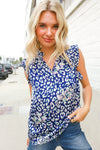 Dazzle In Cobalt Blue Leopard Print Frill Notch Neck Top