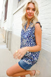 Dazzle In Cobalt Blue Leopard Print Frill Notch Neck Top