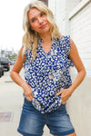 Dazzle In Cobalt Blue Leopard Print Frill Notch Neck Top