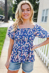 Blue & Pink Floral Square Neck Crinkle Smocked Top