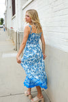 Follow Me Blue Paisley Print Smocked Shoulder Tie Border Hem Dress