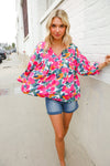 Adorable You Multicolor Floral V Neck Elastic Bubble Sleeve Top