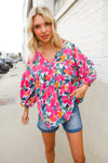 Adorable You Multicolor Floral V Neck Elastic Bubble Sleeve Top
