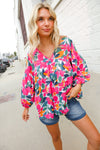 Adorable You Multicolor Floral V Neck Elastic Bubble Sleeve Top