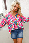 Adorable You Multicolor Floral V Neck Elastic Bubble Sleeve Top