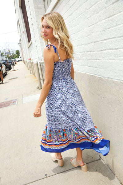 Follow Me Navy Boho Print Smocked Shoulder Tie Border Hem Dress