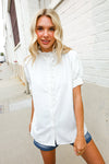 Put Together White Ruffle Crochet Puff Sleeve Button Down Top