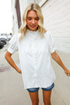 Put Together White Ruffle Crochet Puff Sleeve Button Down Top