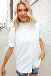 Put Together White Ruffle Crochet Puff Sleeve Button Down Top