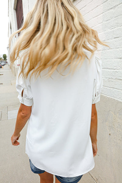 Put Together White Ruffle Crochet Puff Sleeve Button Down Top