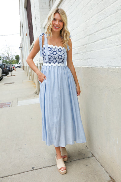 Feeling Femme Blue Floral Netted Yoke Stripe Ric Rack Dress