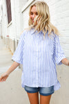 Put Together Blue & White Stripe Button-Down Hi-Lo Top