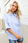 Put Together Blue & White Stripe Button-Down Hi-Lo Top