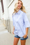 Put Together Blue & White Stripe Button-Down Hi-Lo Top