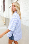 Put Together Blue & White Stripe Button-Down Hi-Lo Top