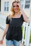 Spring Vibes Midnight Eyelet Puff Sleeve Babydoll Top