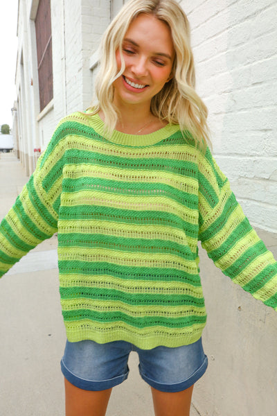 Dazzle in Lime & Green Stripe Long Sleeve Loose Knit Sweater