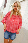 Diva Dreams Red Abstract Print Double Ruffle Sleeve Tie Blouse